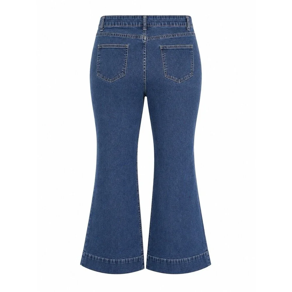 Women’s High Rise Button Fly Flare Jeans Dark Wash Patch Pocket Boho Retro 34x29